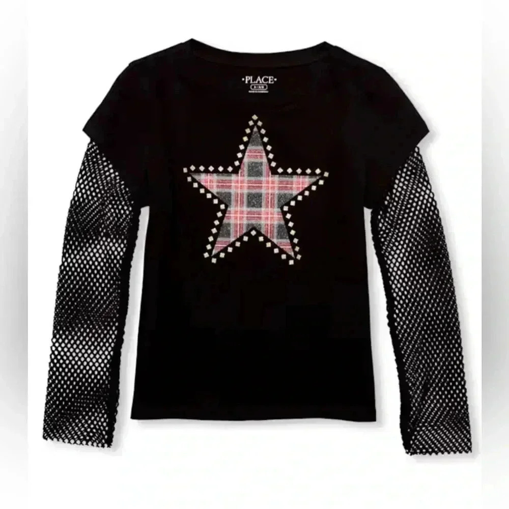 Girls Long Mesh Sleeve Glitter Graphic Top - Black (XXL)